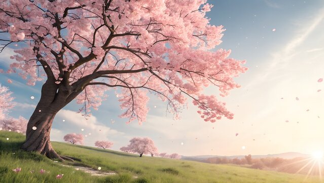 A vibrant spring landscape featuring a lone tree against a blue sky, surrounded by green grass and blossoming nature - Powered by Adobe
