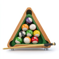 Pool Billiards Sport Logo Triangle rack with striped balls cue stick striking green felt table isolated on white background