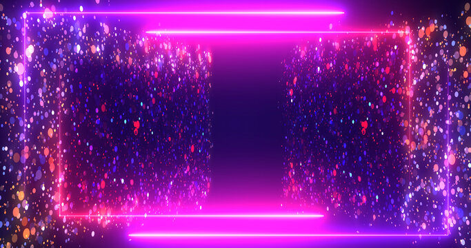 Neon particles with rectangle outline moving cool magical advertisement bg. Bright light particle dust floating in 3d space. Cosmic galaxy colors. Cinemagraphic bg for awards ,fashion show, concert
