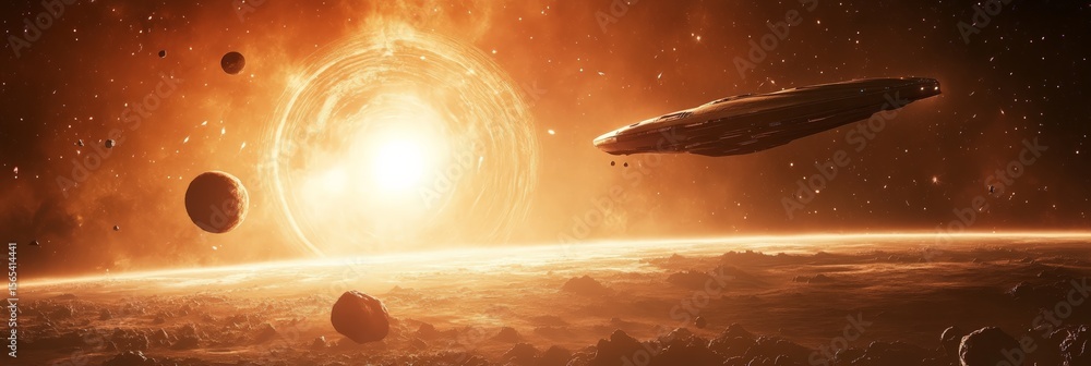 Aufkleber huge spaceship approaching a wormhole in a far galaxy, exploring new planets and asteroids in deep s