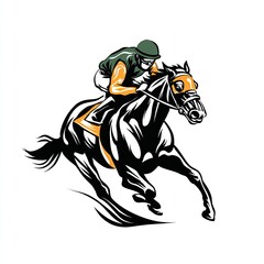 Horse Racing Sport Logo Thoroughbred at full gallop jockey silks flowing finish line tension isolated on white background