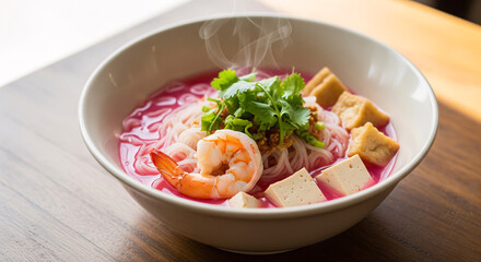 A  bowl noodle  with thai Pink Noodle Soup menu.