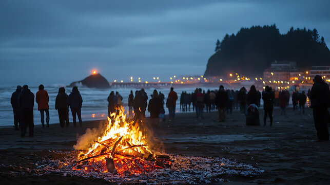 A group of people are gathered around a fire on a beach at night