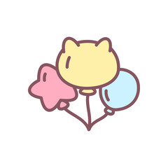 Cute balloons icon. Hand drawn illustration of three pastel colored balloons isolated on a white background. Kawaii sticker. Vector 10 EPS.