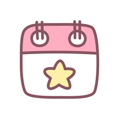 Cute calendar icon. Hand drawn illustration of a birthday calendar with a big star in the center isolated on a white background. Kawaii sticker. Vector 10 EPS.
