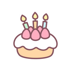 Cute birthday cake icon. Hand drawn illustration of a creamy cake with strawberries and three festive candles isolated on a white background. Kawaii sticker. Vector 10 EPS.