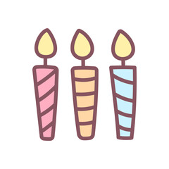 Cute festive candles icon. Three striped candles in pastel colors for celebration design. Kawaii sticker. Vector 10 EPS.