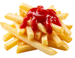Close-up of Thin Shoestring French Fries with Ketchup Drizzle, isolated on transparent background