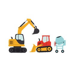Construction vehicles: excavator, bulldozer, cement mixer.