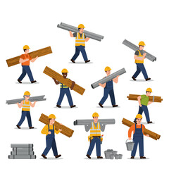 Construction workers carrying various building materials, illustration.
