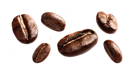 Obraz premium A set of perfectly retouched coffee beans air flies through space, isolated on a white background
