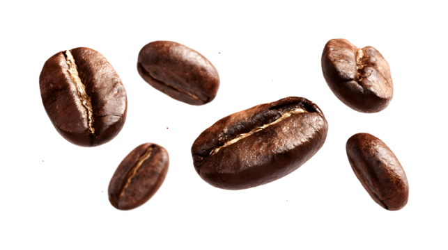A set of perfectly retouched coffee beans air flies through space, isolated on a white background