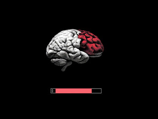 Existential burnout. Illustration of a brain with a loading bar underneath it.