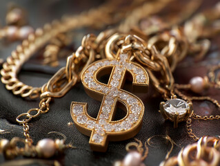 Lifestyle inflation. Emotional art depicting luxury and wealth through a chained dollar sign.