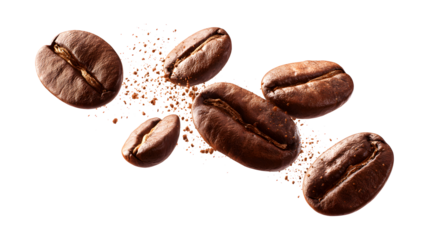 A set of perfectly retouched coffee beans air flies through space, isolated on a white background