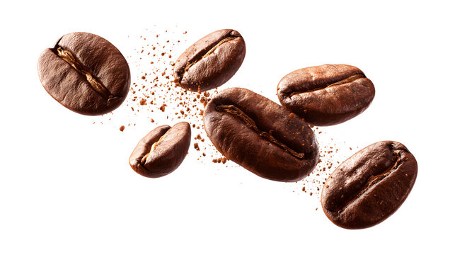 A set of perfectly retouched coffee beans air flies through space, isolated on a white background