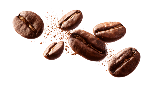 A set of perfectly retouched coffee beans air flies through space, isolated on a white background