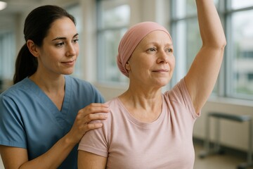 Cancer Recovery Support: A compassionate physiotherapist guides a mature woman undergoing cancer treatment through a gentle arm-raising exercise, fostering hope and resilience in her recovery journey.