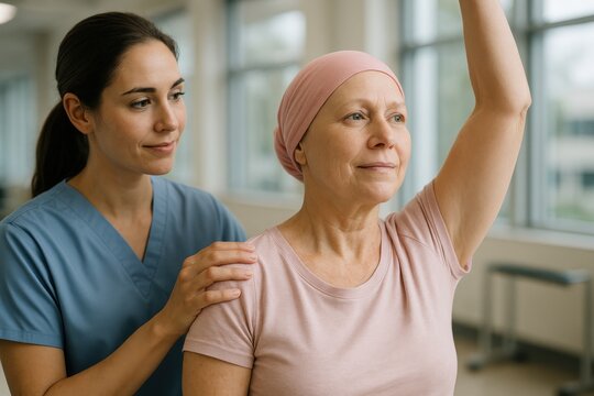 Cancer Recovery Support: A compassionate physiotherapist guides a mature woman undergoing cancer treatment through a gentle arm-raising exercise, fostering hope and resilience in her recovery journey.