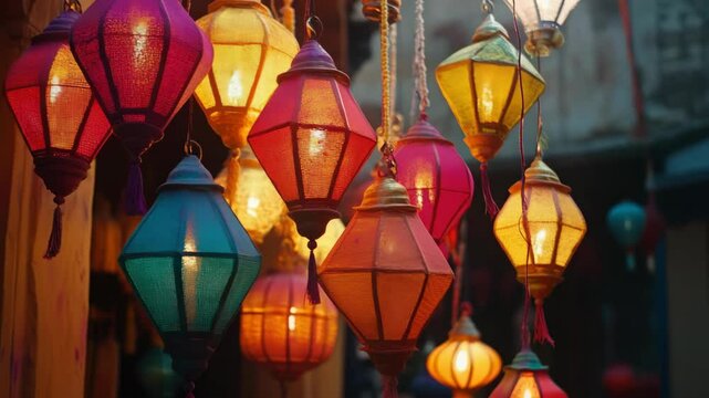 A row of colorful lanterns hanging from a wall. The lanterns are of different colors and sizes