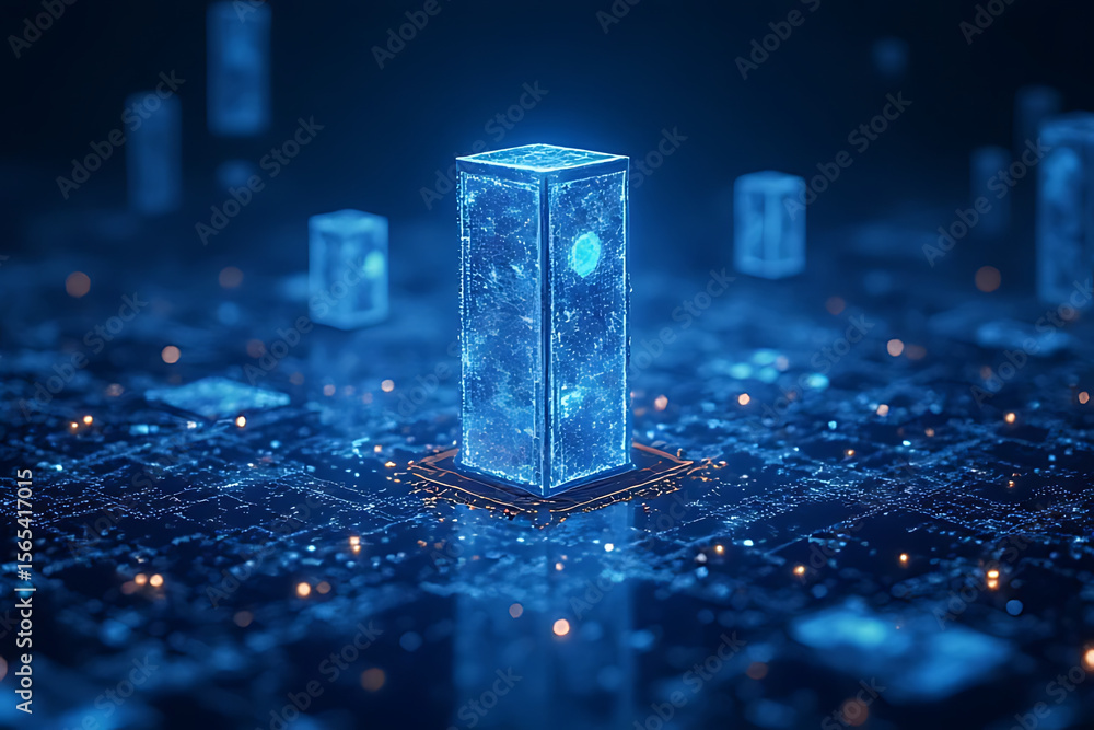 Poster futuristic blue data server tower with glowing circuit board base and abstract digital data elements