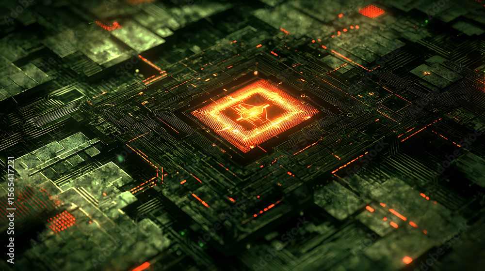 Aufkleber a computer chip with a red square in the middle