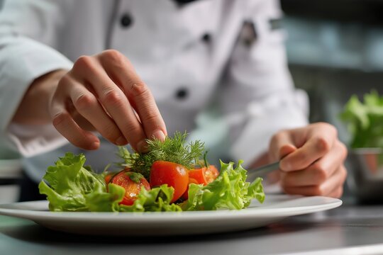 Chef garnishing salad with fresh vegetables in professional kitchen - Powered by Adobe