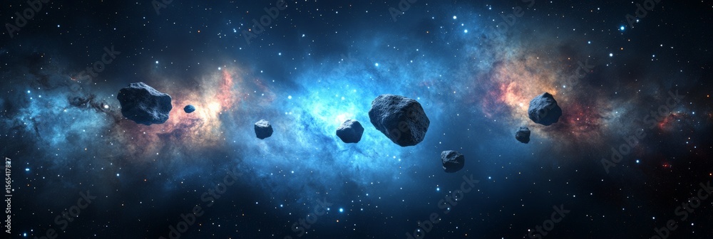 Aufkleber many asteroids are traveling in front of a colorful nebula, creating a breathtaking cosmic scene, pe