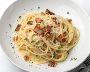Whole Carbonara Spaghetti Plate on White Background in Realistic Food View