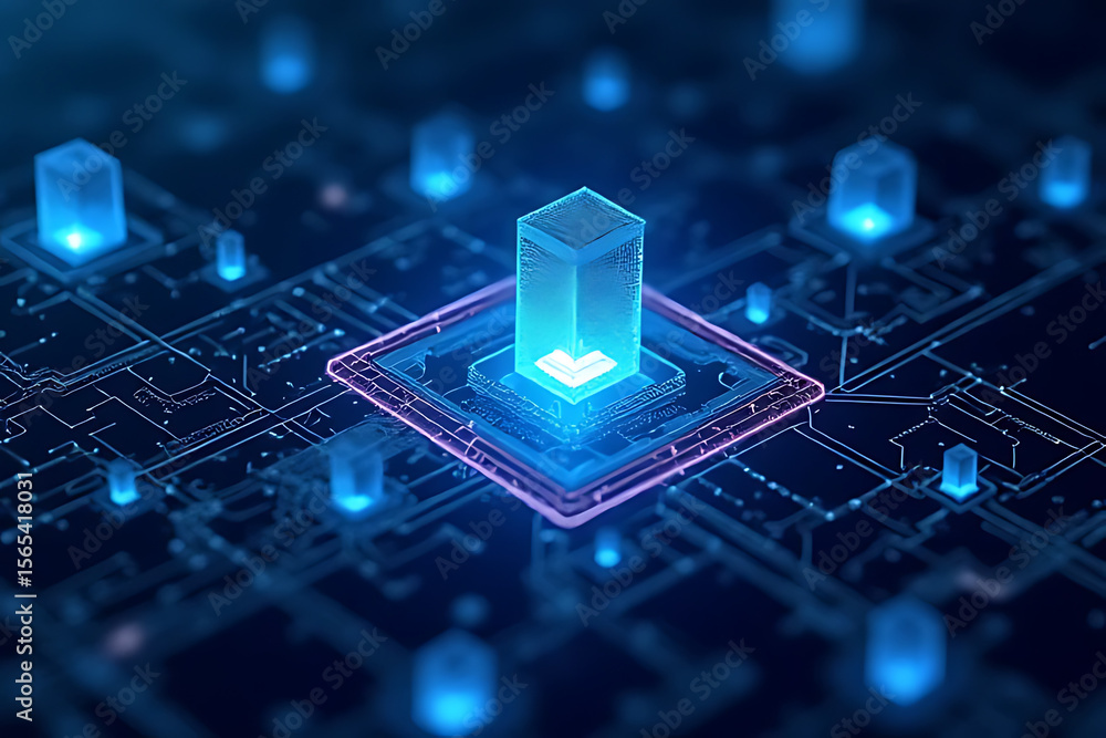 Poster futuristic digital circuit board illustration with glowing blue and pink components and abstract dat