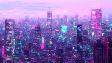Obraz premium A futuristic cityscape at dusk, illuminated by vibrant neon lights.
