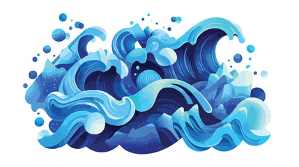 Vibrant Blue Waves with Geometric Figures in Painted Style Flat Design