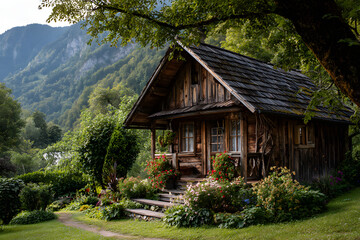 Rustic wooden cabin nestled among lush greenery in a scenic village setting