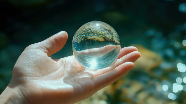 A human hand holding a water droplet globe showcasing the Earth, symbolizing our interconnectedness with nature and our responsibility for its care.