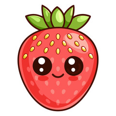 Obraz premium A cute kawaii strawberry character with a smiling face on a bright transparent background ideal for cheerful designs or decorations, Cute kawaii strawberry fruit on a transparent background