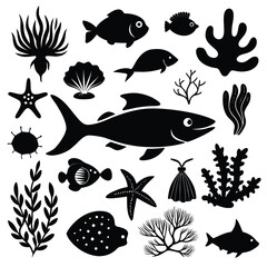 Fototapeta premium Sea Animals and Algae Silhouette Set Marine Life Vector on White Background