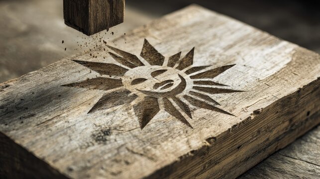 Carved sun design in weathered wood