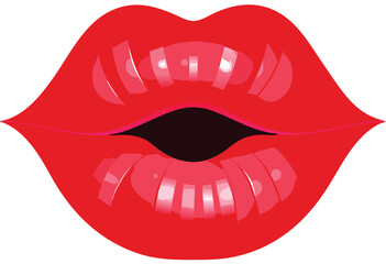 Naklejka premium Red Lips Open in a Kiss Shape Glossy Texture Vibrant Color Closeup View open mouth