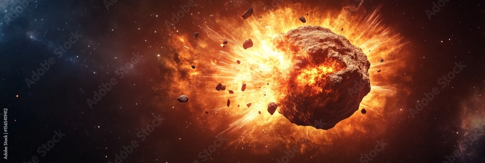 Poster Huge asteroid exploding in the deep space, creating fire, sparks, and debris, with a background of stars and galaxies, ideal for space exploration, science fiction, and astronomical projects