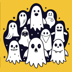 Funny Cartoon Ghosts Collection on Yellow Background