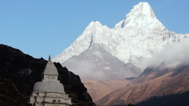 Early Morning View of Fishtail Mountain in Nepal, Featuring a White Stupa Against a Majestic Snow-Capped Peak