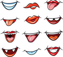 Twelve Cartoon Mouths Expressions Red Lips Tongue Teeth Smile Fangs vector