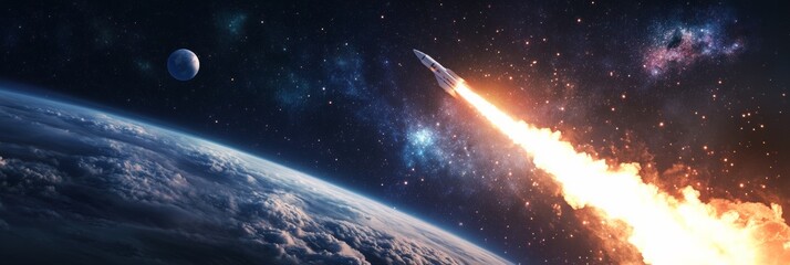 Powerful rocket blasting off, propelling through starry cosmic landscape with blazing exhaust trail, representing human ambition and technological advancement in space journey