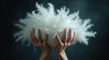 Hands fluffing a pillow, causing a dramatic explosion of feathers in slow motion.

