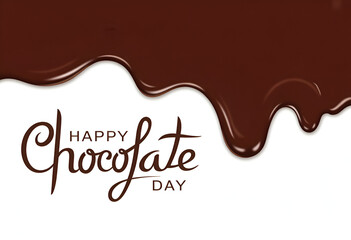 Happy Chocolate Day with Melting Chocolate Drip on White Background