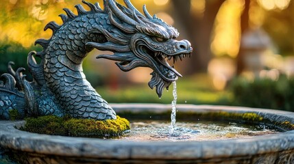 A castle garden fountain shaped like a dragon, water spurting from its mouth into a medieval-style stone basin with creeping moss.