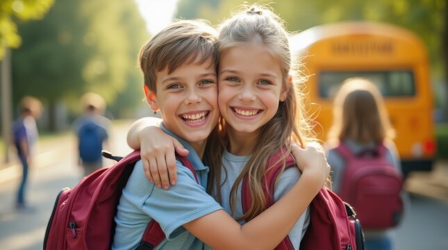 Happy boy and girl with backpacks hugging in a sunny schoolyard.