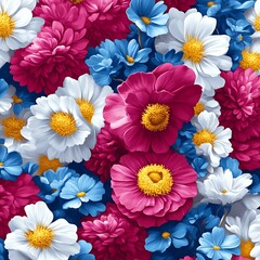 Vibrant floral bouquet pattern featuring a mix of pink, white, and blue flowers in a dense arrangement