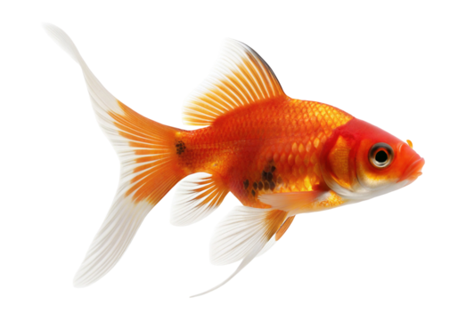 Vibrant orange goldfish swimming gracefully with long flowing fins on a clean white background