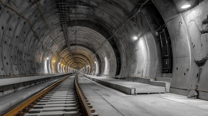 Illuminated Underground Tunnel with Railway Tracks
